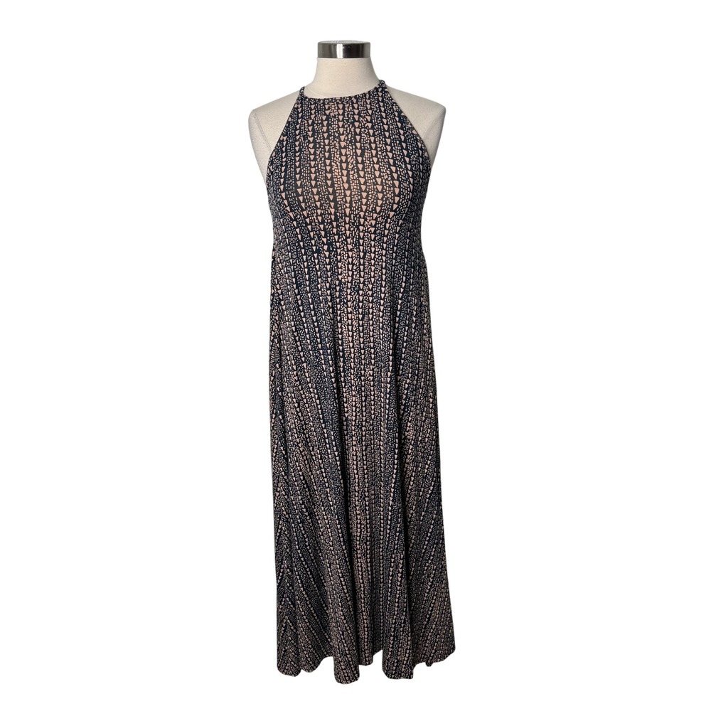 Bel Kazan Geometric Print Boho Sleeveless Maxi Dress Navy Peach Womens XS